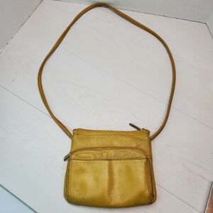 Tignanello Yellow Genuine Leather Crossbody Bag With Zipper Pockets